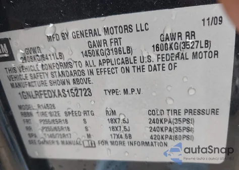 2010 Chevrolet Traverse Lt z USA, uszkodzony, nr VIN 1GNLRFEDXAS152723